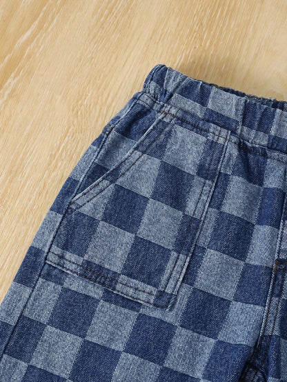 Young Boy Blue Casual Soft Plaid Checkered Denim Loose Wide Leg Baggy Jeans With Pocket, Summer, Back-To-School