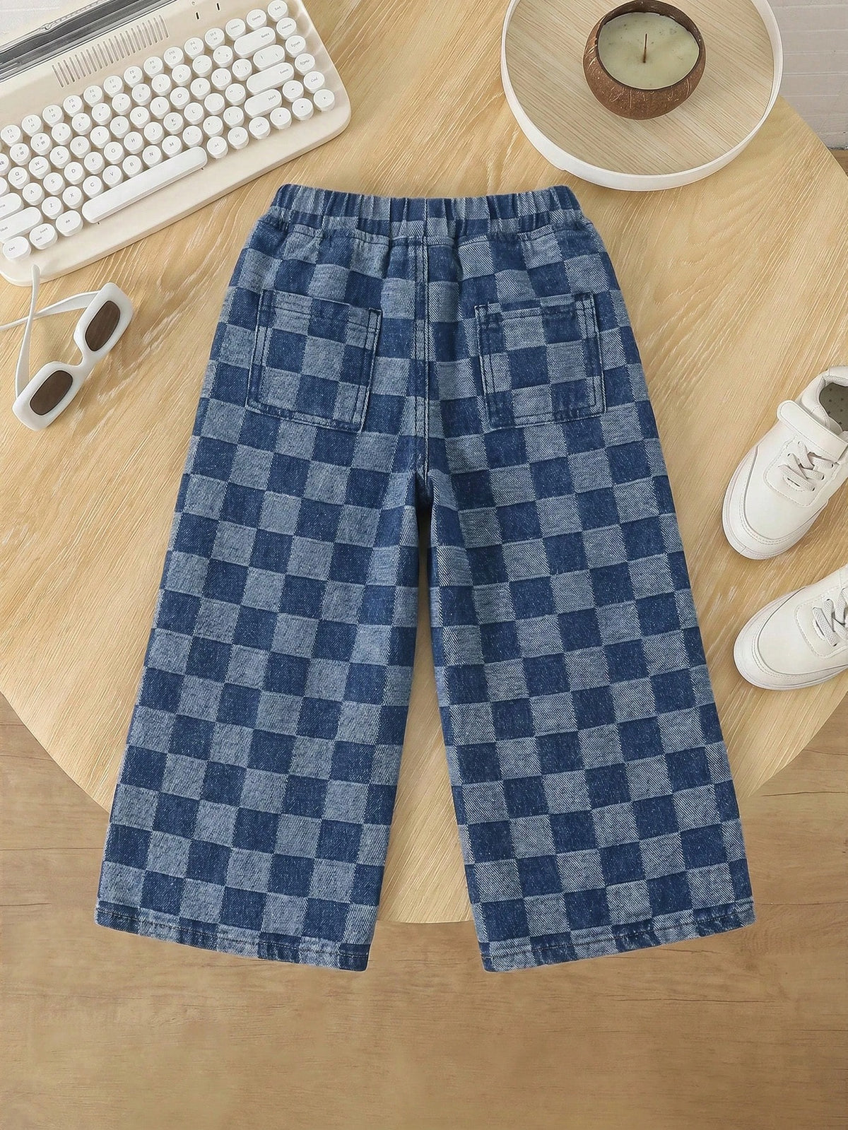 Young Boy Blue Casual Soft Plaid Checkered Denim Loose Wide Leg Baggy Jeans With Pocket, Summer, Back-To-School
