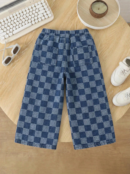 Young Boy Blue Casual Soft Plaid Checkered Denim Loose Wide Leg Baggy Jeans With Pocket, Summer, Back-To-School
