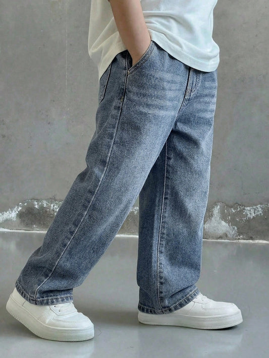 Young Boy New Fashion Distressed Casual Soft Loose Straight Leg Blue Denim Baggy Jeans Spring Summer, For Kids Boy Spring/Summer Dailywear,Boys Streetwear,Beach Vacation For Boys,Boys Summer Boho,Casu