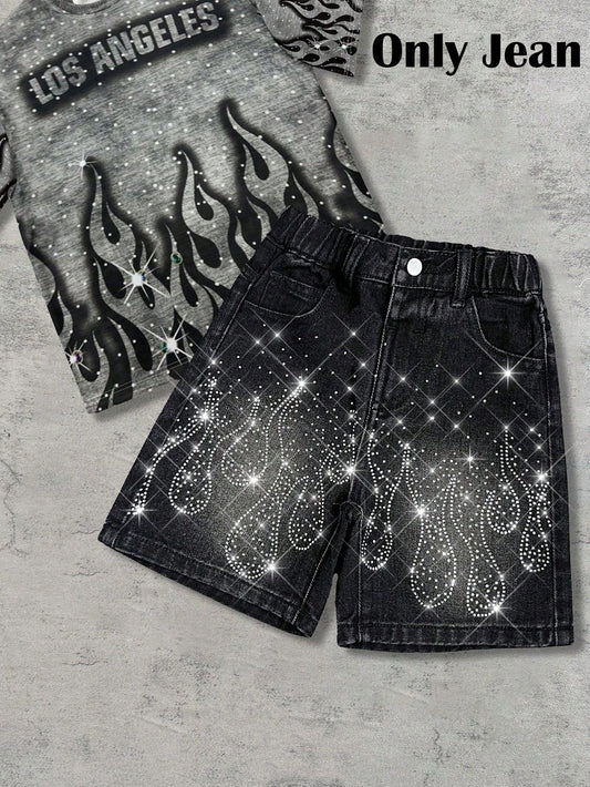 Young Boy Y2k Distressed Street Cool Style Glitter Flame & Rhinestone Decor Loose Fit Black Denim Jeans Shorts, For Kids Spring/Summer Dailywear, Streetwear, Vacation For Boys, Birthday For Boys, Cas