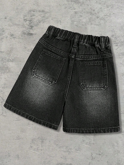 Young Boy Y2k Distressed Street Cool Style Glitter Flame & Rhinestone Decor Loose Fit Black Denim Jeans Shorts, For Kids Spring/Summer Dailywear, Streetwear, Vacation For Boys, Birthday For Boys, Cas