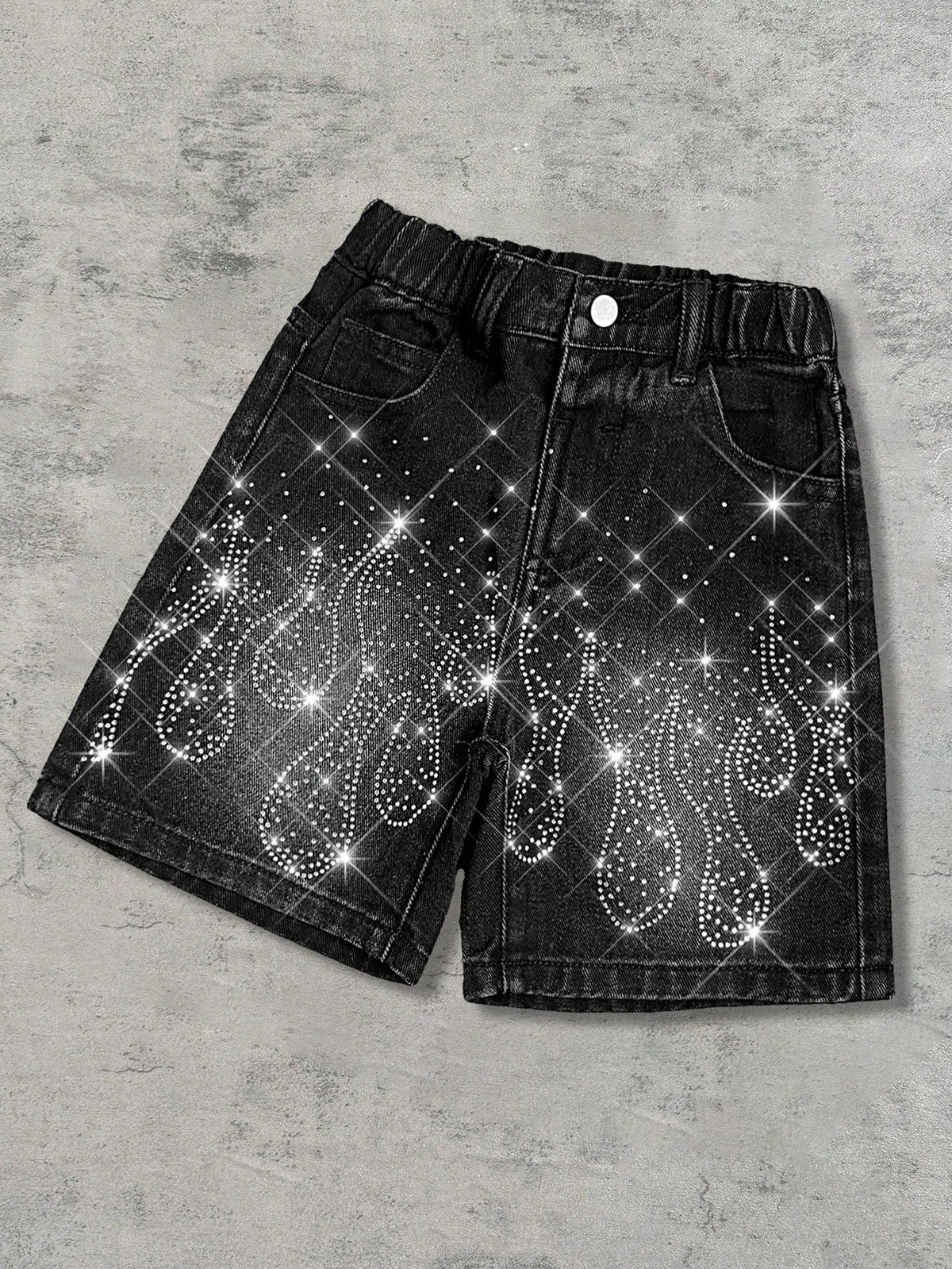 Young Boy Y2k Distressed Street Cool Style Glitter Flame & Rhinestone Decor Loose Fit Black Denim Jeans Shorts, For Kids Spring/Summer Dailywear, Streetwear, Vacation For Boys, Birthday For Boys, Cas