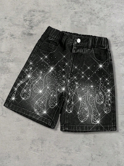 Young Boy Y2k Distressed Street Cool Style Glitter Flame & Rhinestone Decor Loose Fit Black Denim Jeans Shorts, For Kids Spring/Summer Dailywear, Streetwear, Vacation For Boys, Birthday For Boys, Cas