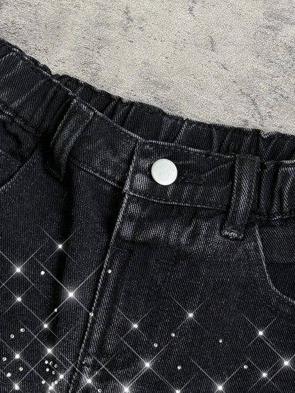 Young Boy Y2k Distressed Street Cool Style Glitter Flame & Rhinestone Decor Loose Fit Black Denim Jeans Shorts, For Kids Spring/Summer Dailywear, Streetwear, Vacation For Boys, Birthday For Boys, Cas