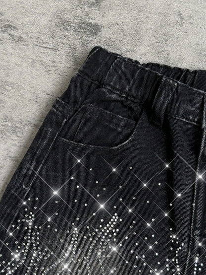 Young Boy Y2k Distressed Street Cool Style Glitter Flame & Rhinestone Decor Loose Fit Black Denim Jeans Shorts, For Kids Spring/Summer Dailywear, Streetwear, Vacation For Boys, Birthday For Boys, Cas