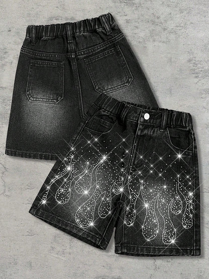 Young Boy Y2k Distressed Street Cool Style Glitter Flame & Rhinestone Decor Loose Fit Black Denim Jeans Shorts, For Kids Spring/Summer Dailywear, Streetwear, Vacation For Boys, Birthday For Boys, Cas