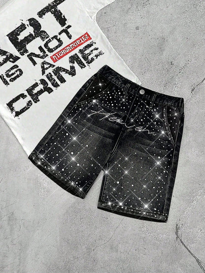 Young Boy Y2k Distressed Street Cool Style Glitter Flame & Rhinestone Decor Loose Fit Black Denim Jeans Shorts, For Kids Spring/Summer Dailywear, Streetwear, Vacation For Boys, Birthday For Boys, Cas