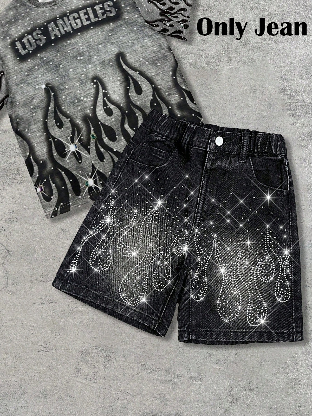 Young Boy Y2k Distressed Street Cool Style Glitter Flame & Rhinestone Decor Loose Fit Black Denim Jeans Shorts, For Kids Spring/Summer Dailywear, Streetwear, Vacation For Boys, Birthday For Boys, Cas