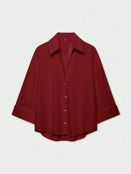 YROOE Fashion Casual Versatile Women's Shirt- Red, Minimalist, Business Casual, Daily Commute, Simple Elegant, Spring/Summer/Autumn/Winter