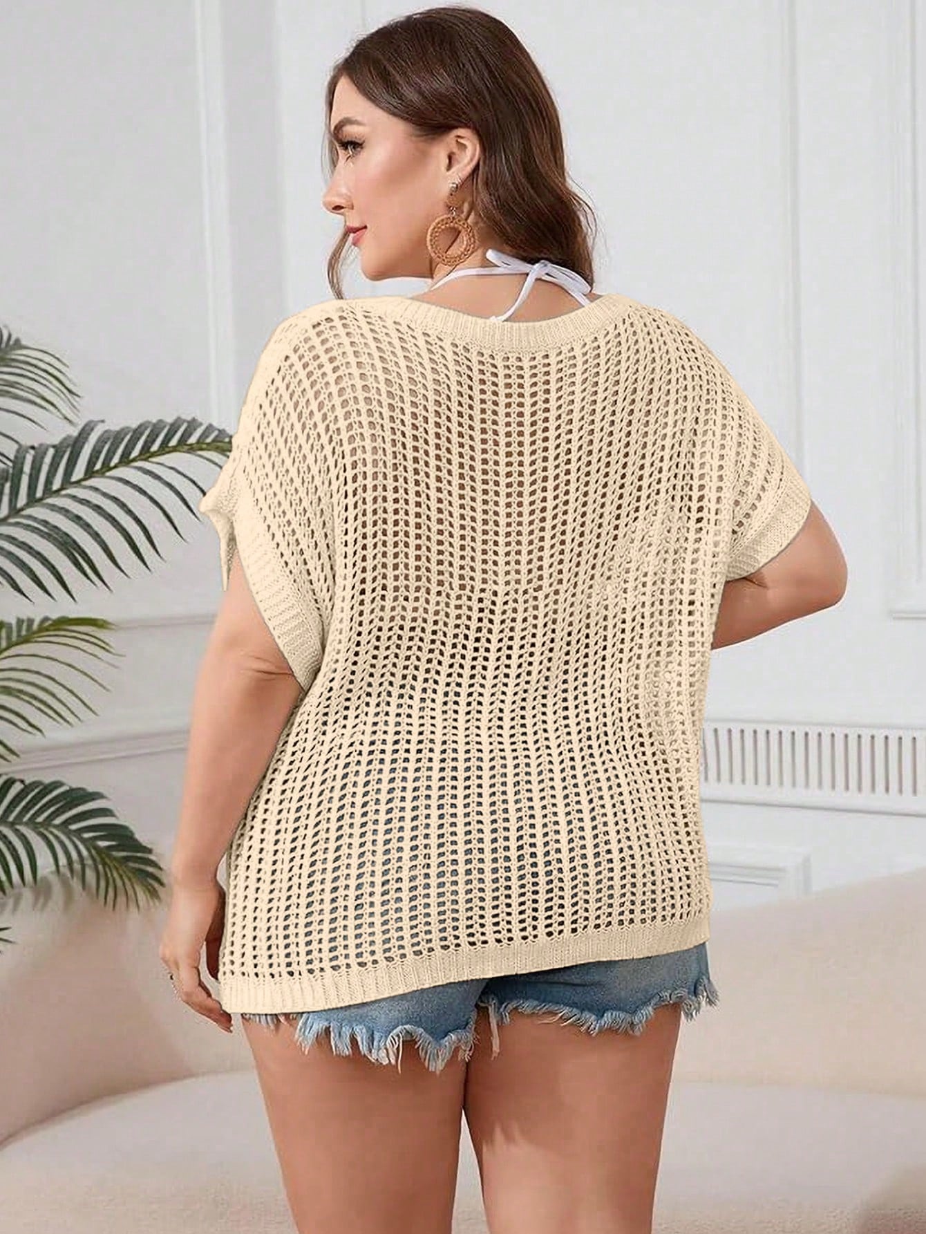 Yuu Plus Size Women's Bohemian Comfortable Fashionable Elegant Casual Knit Cover Up, Round Neck Short Sleeve Hollow Out Cover Up, Decorated With Flowers, Suitable For Beach Vacation, Summer Fashion It