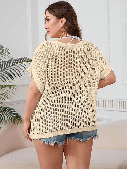 Yuu Plus Size Women's Bohemian Comfortable Fashionable Elegant Casual Knit Cover Up, Round Neck Short Sleeve Hollow Out Cover Up, Decorated With Flowers, Suitable For Beach Vacation, Summer Fashion It