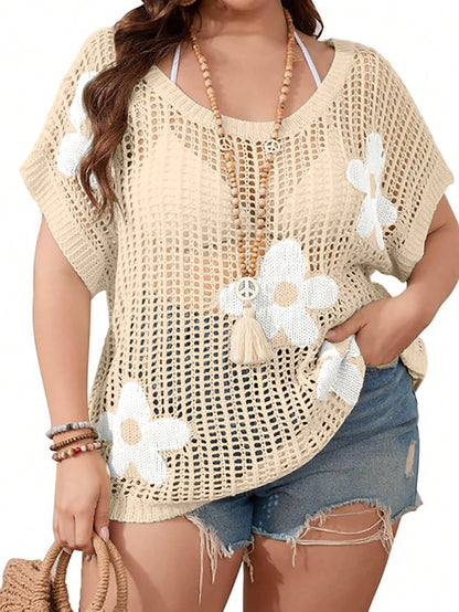 Yuu Plus Size Women's Bohemian Comfortable Fashionable Elegant Casual Knit Cover Up, Round Neck Short Sleeve Hollow Out Cover Up, Decorated With Flowers, Suitable For Beach Vacation, Summer Fashion It