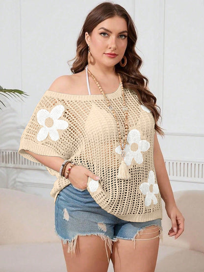 Yuu Plus Size Women's Bohemian Comfortable Fashionable Elegant Casual Knit Cover Up, Round Neck Short Sleeve Hollow Out Cover Up, Decorated With Flowers, Suitable For Beach Vacation, Summer Fashion It