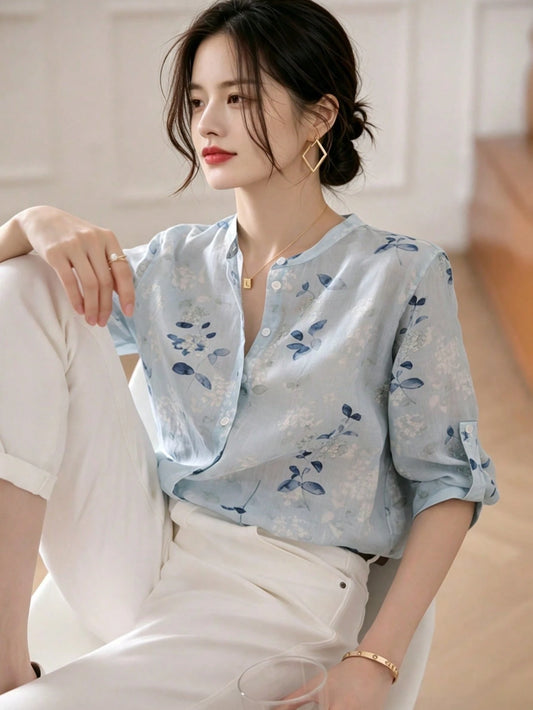 YUXIN Women's Misty Blue Watercolor Floral Print Stand Collar 3/4 Sleeve Blouse, Rolled Cuffs Slim Fit Breathable Top, Spring/Summer Office Vacation Shirt