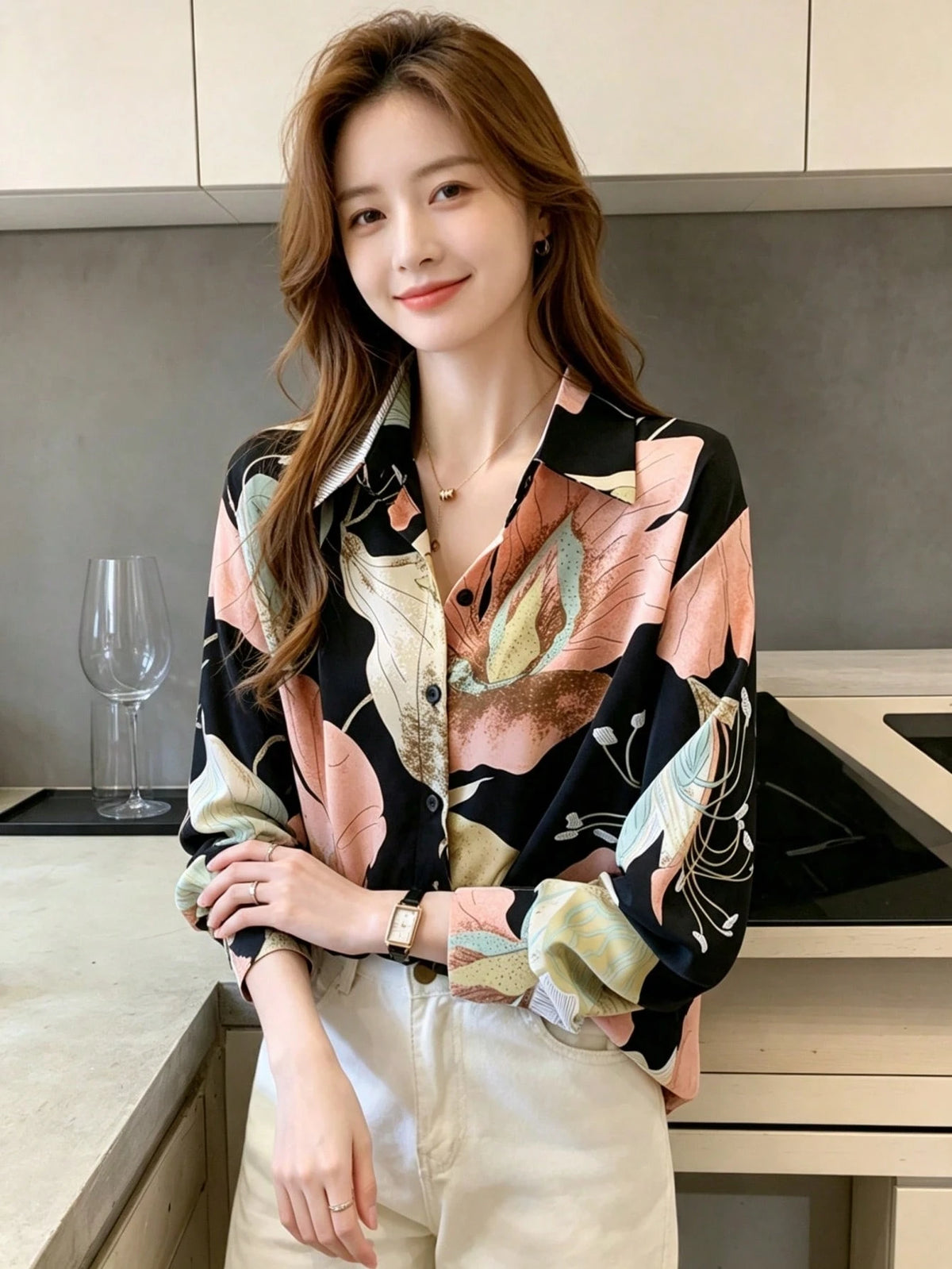 YUXIN Women's Vintage Autumn Floral Print Front Button Long Sleeve Blouse, Regular Fit Polyester Top, Suitable For Spring Wear Vacation