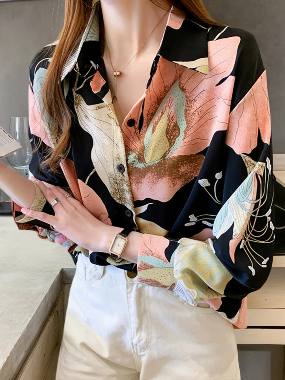 YUXIN Women's Vintage Autumn Floral Print Front Button Long Sleeve Blouse, Regular Fit Polyester Top, Suitable For Spring Wear Vacation