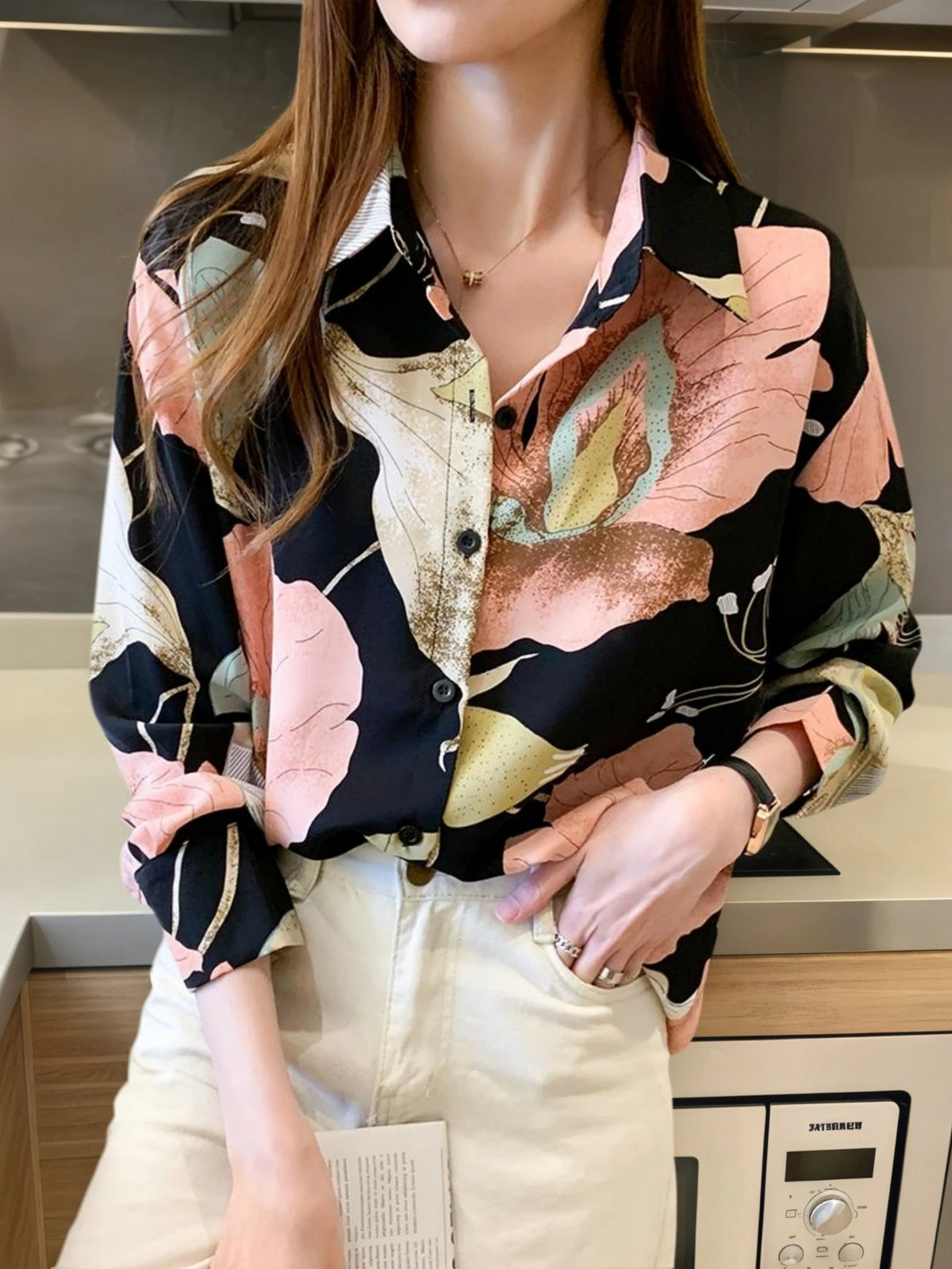 YUXIN Women's Vintage Autumn Floral Print Front Button Long Sleeve Blouse, Regular Fit Polyester Top, Suitable For Spring Wear Vacation