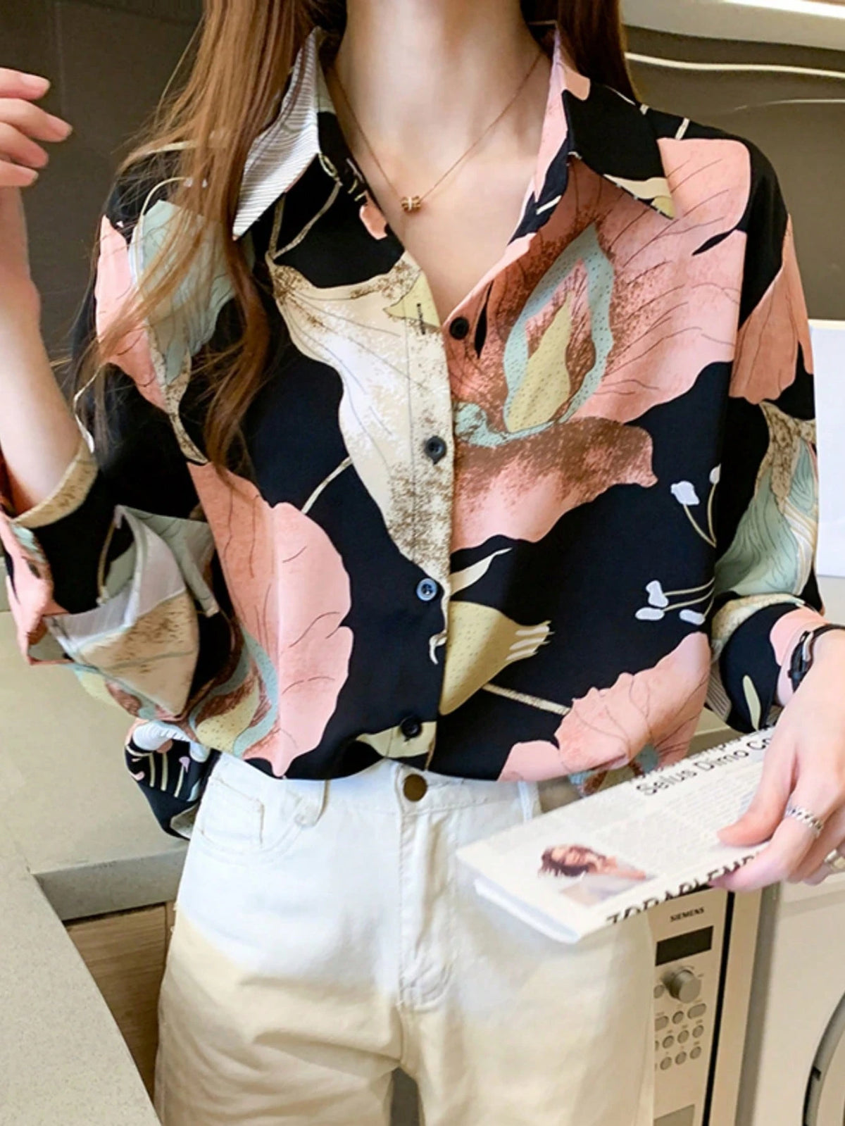 YUXIN Women's Vintage Autumn Floral Print Front Button Long Sleeve Blouse, Regular Fit Polyester Top, Suitable For Spring Wear Vacation