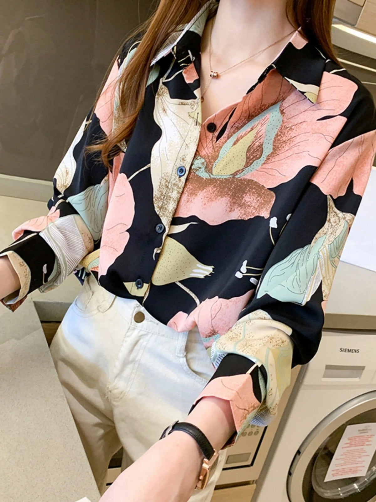 YUXIN Women's Vintage Autumn Floral Print Front Button Long Sleeve Blouse, Regular Fit Polyester Top, Suitable For Spring Wear Vacation
