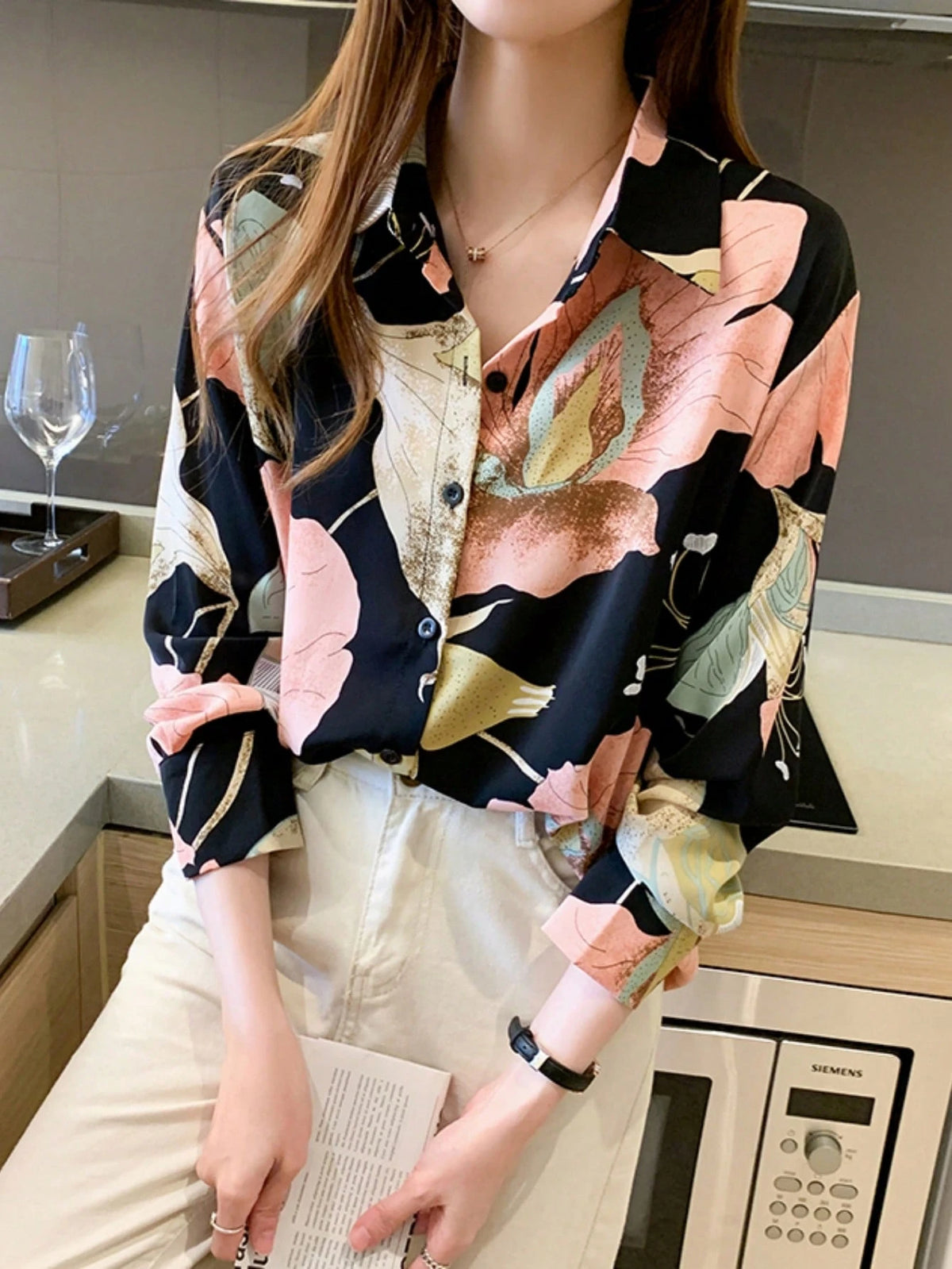 YUXIN Women's Vintage Autumn Floral Print Front Button Long Sleeve Blouse, Regular Fit Polyester Top, Suitable For Spring Wear Vacation