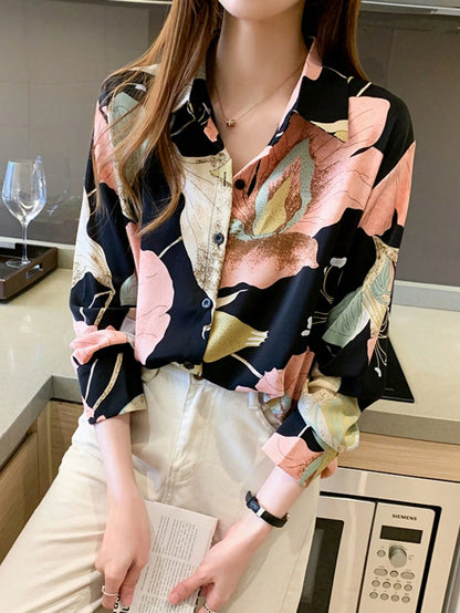 YUXIN Women's Vintage Autumn Floral Print Front Button Long Sleeve Blouse, Regular Fit Polyester Top, Suitable For Spring Wear Vacation