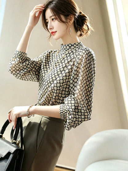 YUXIN Women's Vintage Plaid Chiffon Blouse, Stand Collar Lantern Sleeve, Casual/Light Business Wear, Breathable Fitted Fashionable Top, Spring/Summer White