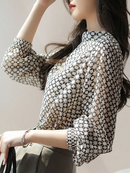 YUXIN Women's Vintage Plaid Chiffon Blouse, Stand Collar Lantern Sleeve, Casual/Light Business Wear, Breathable Fitted Fashionable Top, Spring/Summer White