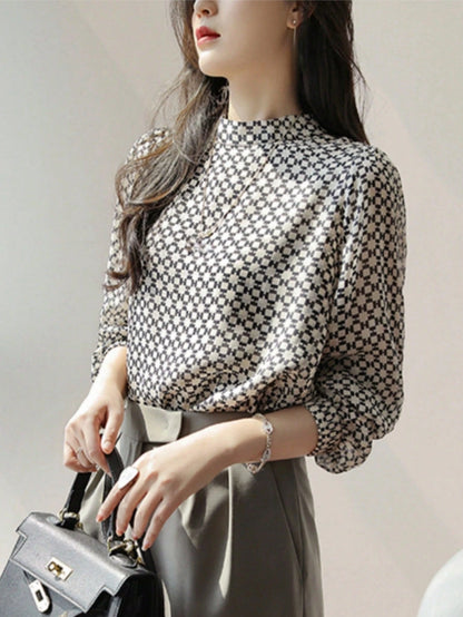 YUXIN Women's Vintage Plaid Chiffon Blouse, Stand Collar Lantern Sleeve, Casual/Light Business Wear, Breathable Fitted Fashionable Top, Spring/Summer White