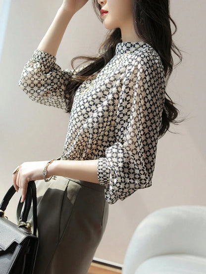 YUXIN Women's Vintage Plaid Chiffon Blouse, Stand Collar Lantern Sleeve, Casual/Light Business Wear, Breathable Fitted Fashionable Top, Spring/Summer White