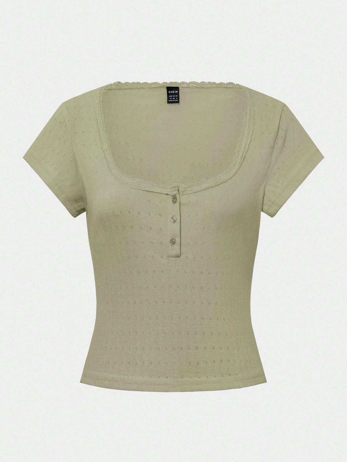 Zavorell Cute Lace Trim Short Sleeve T-Shirt, Women's Slim Fit Three Button Front Top, Summer New Arrival