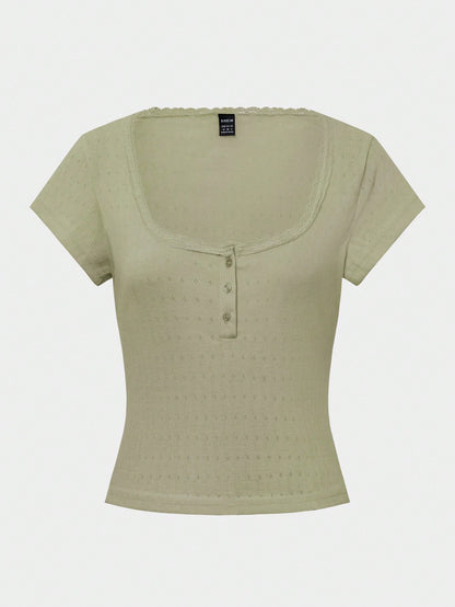 Zavorell Cute Lace Trim Short Sleeve T-Shirt, Women's Slim Fit Three Button Front Top, Summer New Arrival