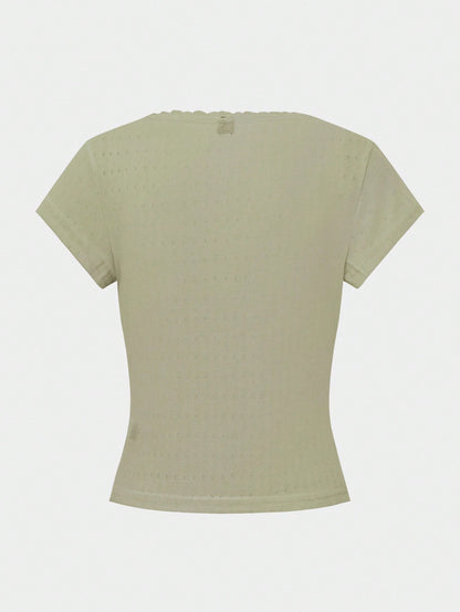 Zavorell Cute Lace Trim Short Sleeve T-Shirt, Women's Slim Fit Three Button Front Top, Summer New Arrival
