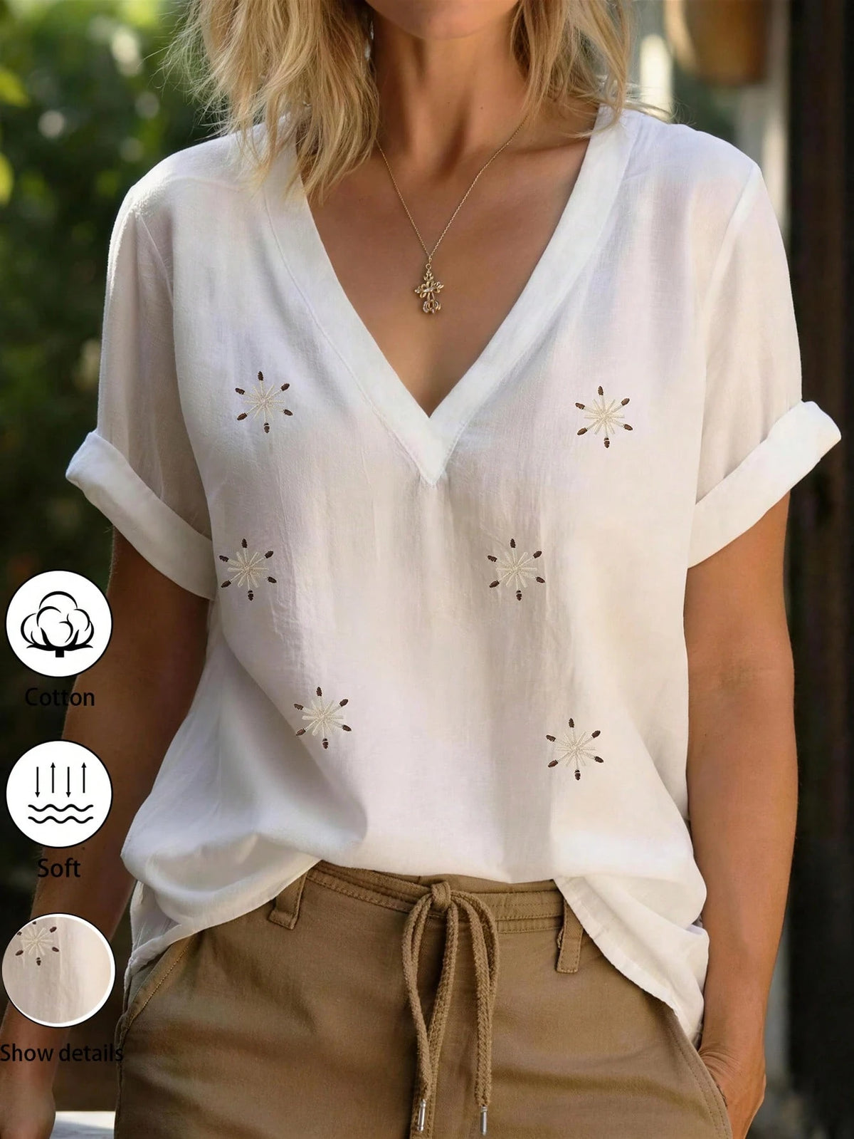 Zayélia Women's Cotton Embroidered Drop Shoulder Short Sleeve White Blouse