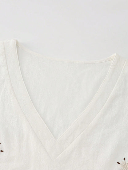 Zayélia Women's Cotton Embroidered Drop Shoulder Short Sleeve White Blouse