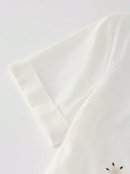 Zayélia Women's Cotton Embroidered Drop Shoulder Short Sleeve White Blouse