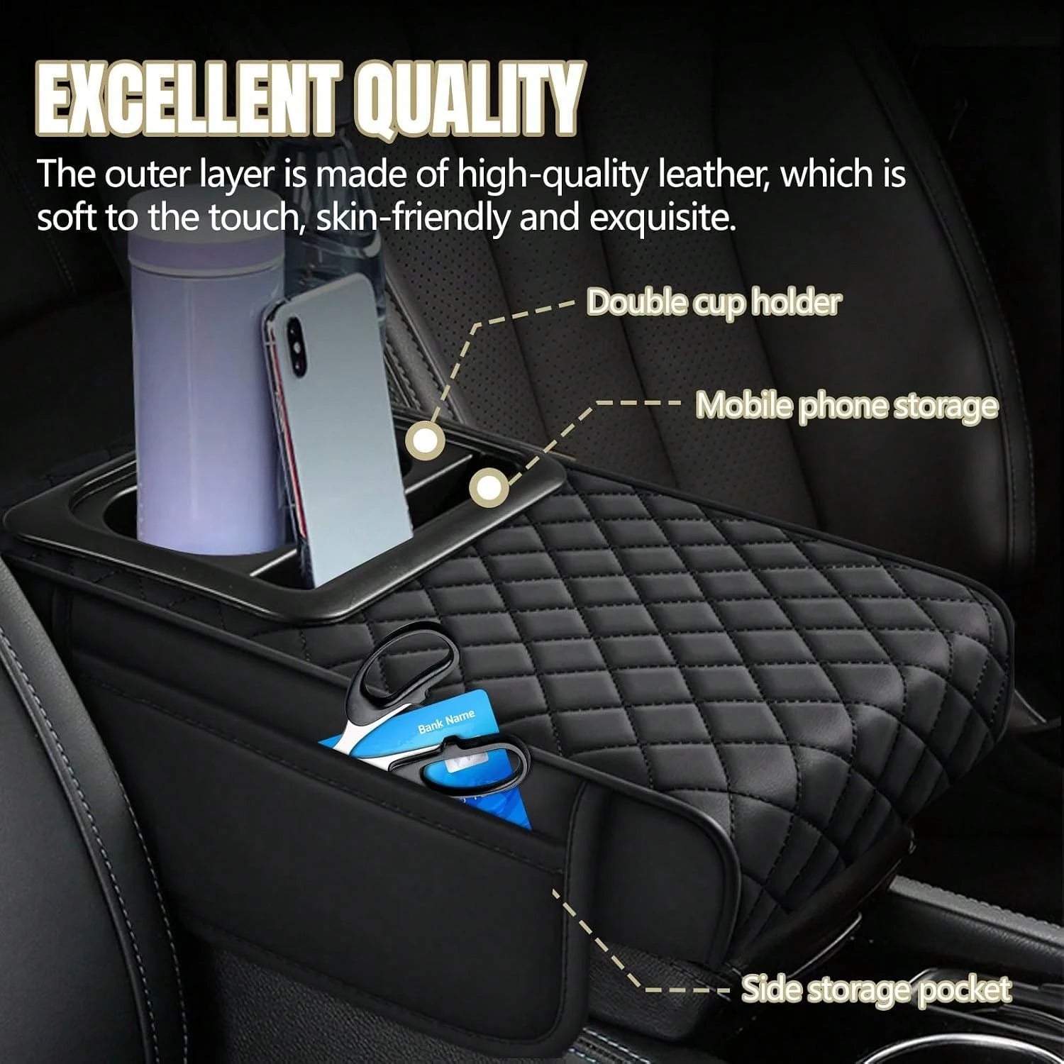 ZBEZBE Car Center Console Cover, 13.39"*7.87"*2.76" Leather Armrest Cover For Cars, Memory Foam Armrest Pillow With Pocket, Cup Holder & Phone Slot, Universal Vehicle Arm Rest Cushion Pad (Red)