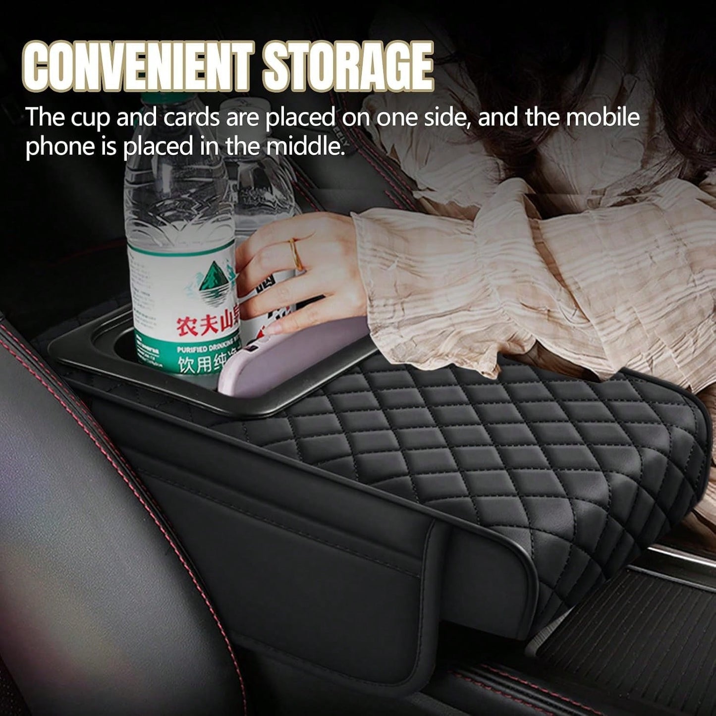ZBEZBE Car Center Console Cover, 13.39"*7.87"*2.76" Leather Armrest Cover For Cars, Memory Foam Armrest Pillow With Pocket, Cup Holder & Phone Slot, Universal Vehicle Arm Rest Cushion Pad (Red)