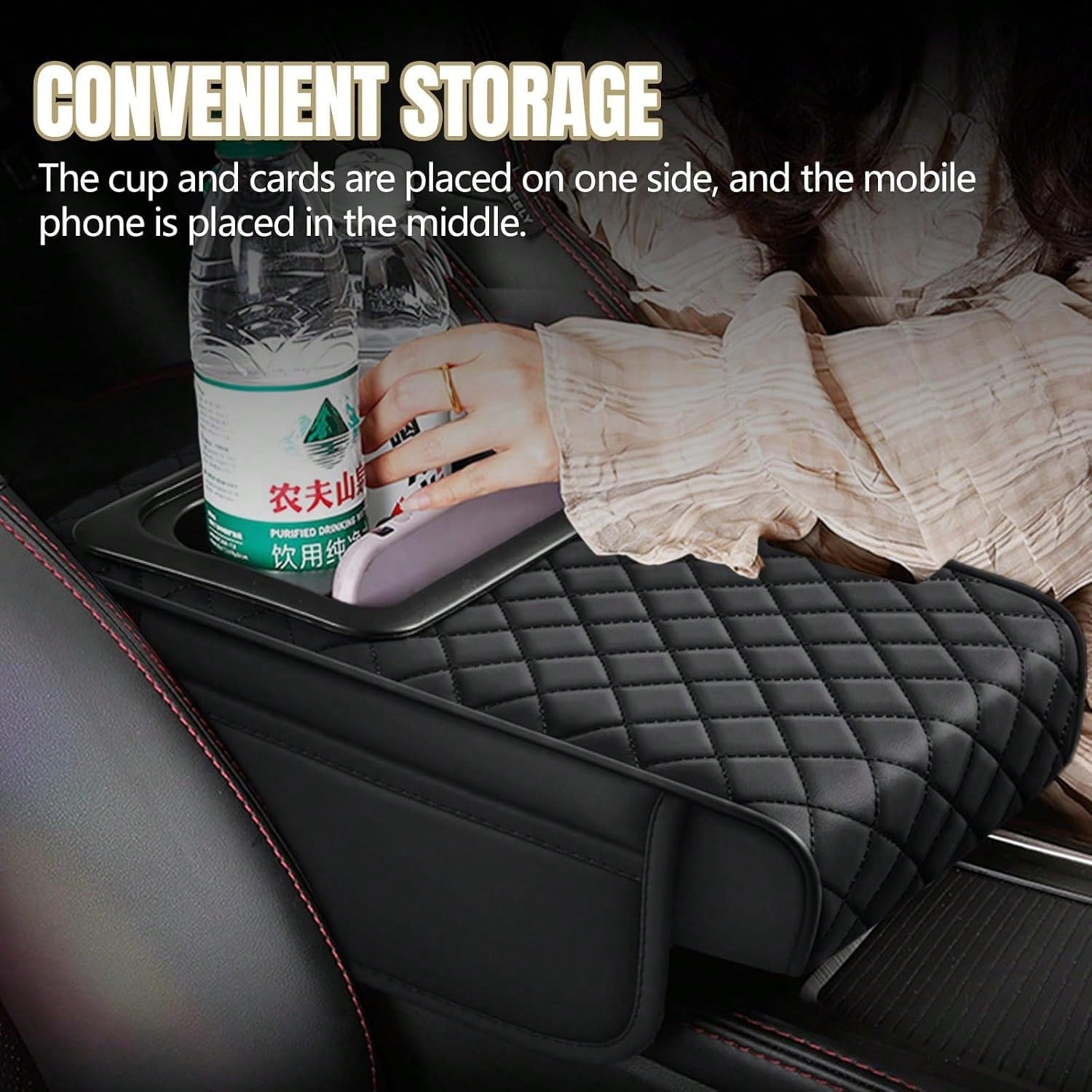 ZBEZBE Car Center Console Cover, 13.39"*7.87"*2.76" Leather Armrest Cover For Cars, Memory Foam Armrest Pillow With Pocket, Cup Holder & Phone Slot, Universal Vehicle Arm Rest Cushion Pad (Red)