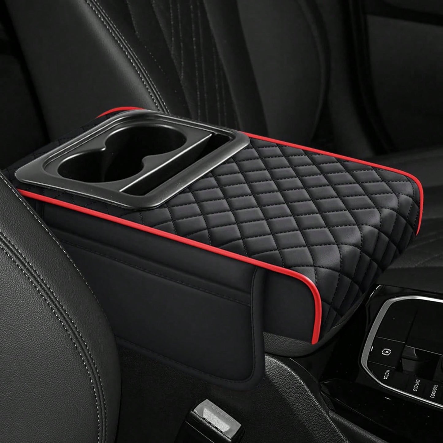 ZBEZBE Car Center Console Cover, 13.39"*7.87"*2.76" Leather Armrest Cover For Cars, Memory Foam Armrest Pillow With Pocket, Cup Holder & Phone Slot, Universal Vehicle Arm Rest Cushion Pad (Red)