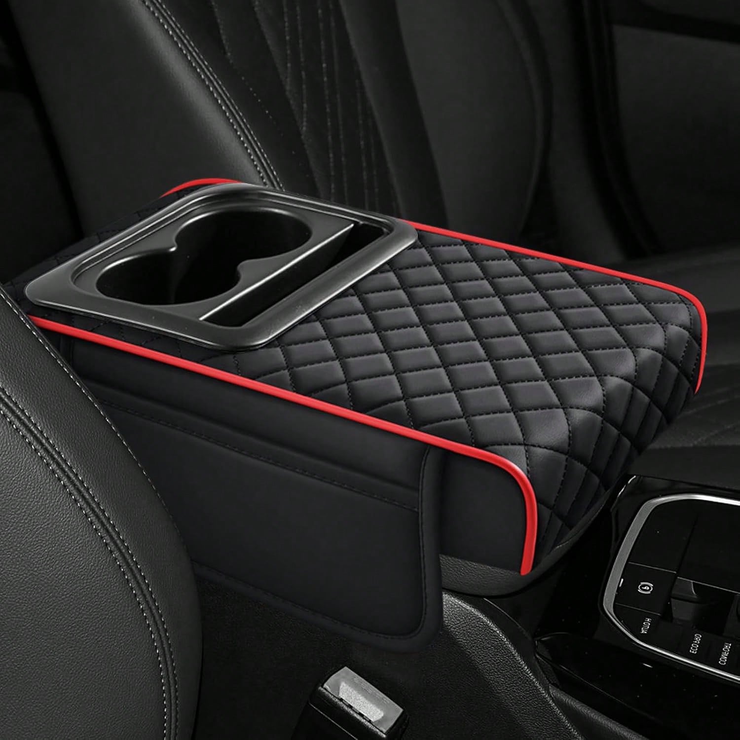 ZBEZBE Car Center Console Cover, 13.39"*7.87"*2.76" Leather Armrest Cover For Cars, Memory Foam Armrest Pillow With Pocket, Cup Holder & Phone Slot, Universal Vehicle Arm Rest Cushion Pad (Red)