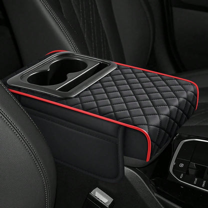 ZBEZBE Car Center Console Cover, 13.39"*7.87"*2.76" Leather Armrest Cover For Cars, Memory Foam Armrest Pillow With Pocket, Cup Holder & Phone Slot, Universal Vehicle Arm Rest Cushion Pad (Red)