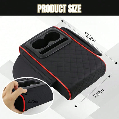 ZBEZBE Car Center Console Cover, 13.39"*7.87"*2.76" Leather Armrest Cover For Cars, Memory Foam Armrest Pillow With Pocket, Cup Holder & Phone Slot, Universal Vehicle Arm Rest Cushion Pad (Red)