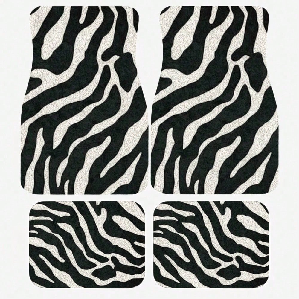 Zebra Striped Pattern Car Floor Mat, Crystal Velvet Material, Four-Piece Set With Trunk Pad, Travel Accessories, Fun Design, Protective Cover, Suitable For Family Car Interiors Of SUVs, Cars And Miniv