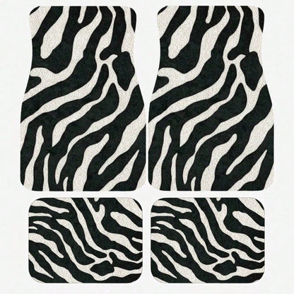 Zebra Striped Pattern Car Floor Mat, Crystal Velvet Material, Four-Piece Set With Trunk Pad, Travel Accessories, Fun Design, Protective Cover, Suitable For Family Car Interiors Of SUVs, Cars And Miniv