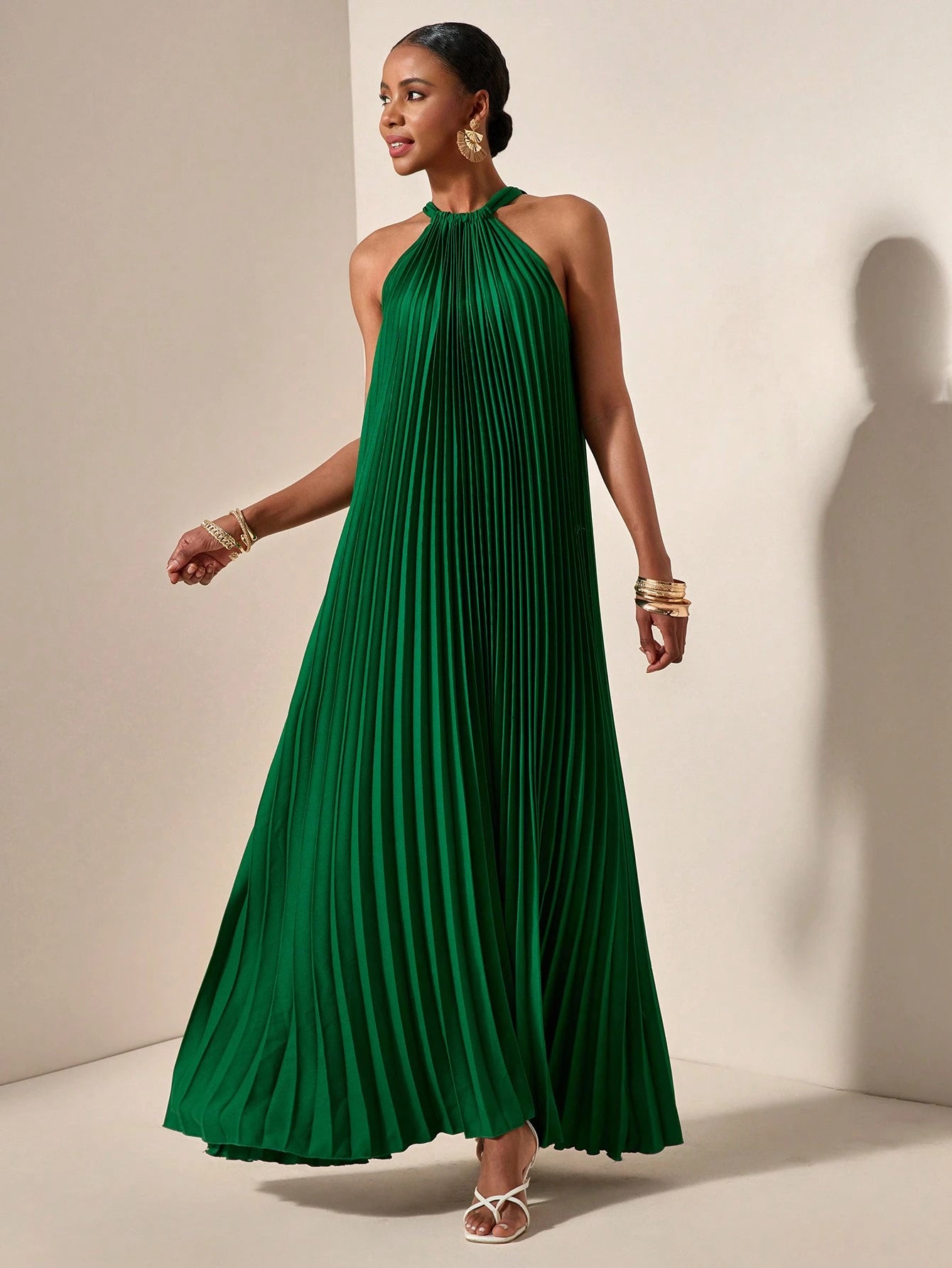 Zivah Beach Dinner Party Spring Summer Casual Mature Elegant Wedding Light Daily Dating Halterneck Sleeveless Pleated A-Hem Loose Dress Emerald Green Women