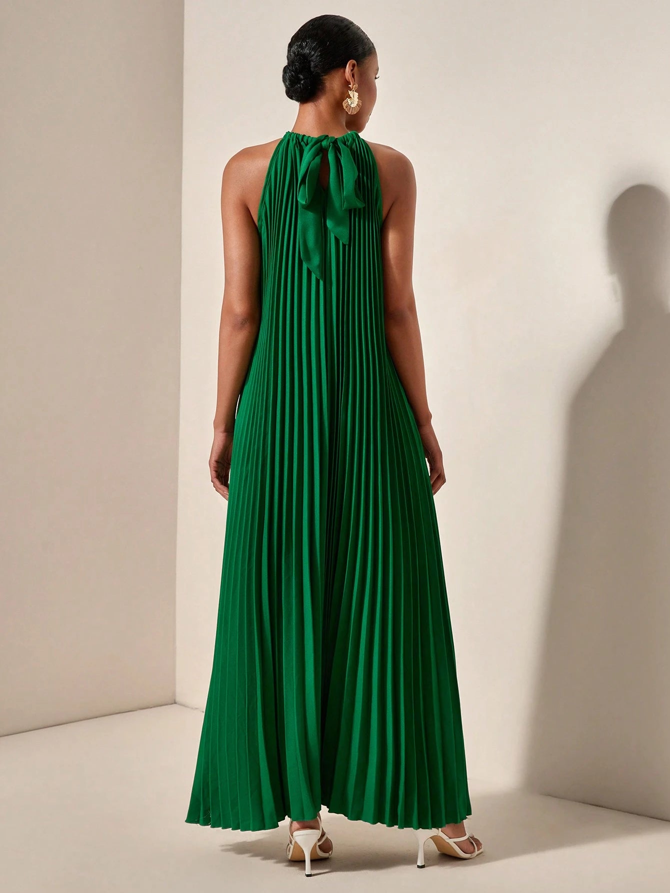 Zivah Beach Dinner Party Spring Summer Casual Mature Elegant Wedding Light Daily Dating Halterneck Sleeveless Pleated A-Hem Loose Dress Emerald Green Women
