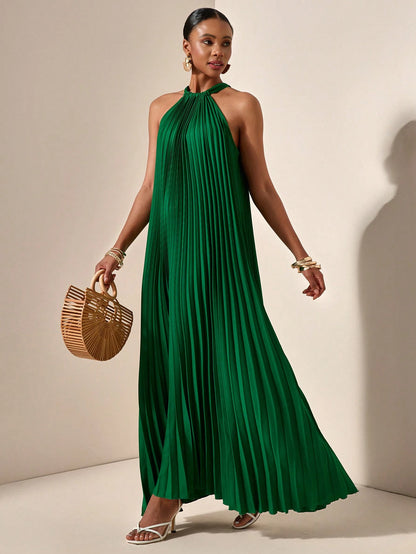 Zivah Beach Dinner Party Spring Summer Casual Mature Elegant Wedding Light Daily Dating Halterneck Sleeveless Pleated A-Hem Loose Dress Emerald Green Women