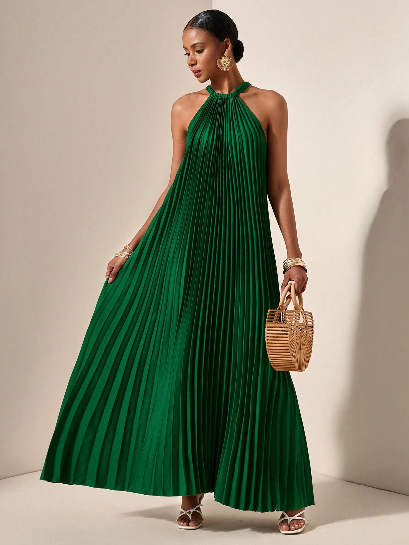 Zivah Beach Dinner Party Spring Summer Casual Mature Elegant Wedding Light Daily Dating Halterneck Sleeveless Pleated A-Hem Loose Dress Emerald Green Women