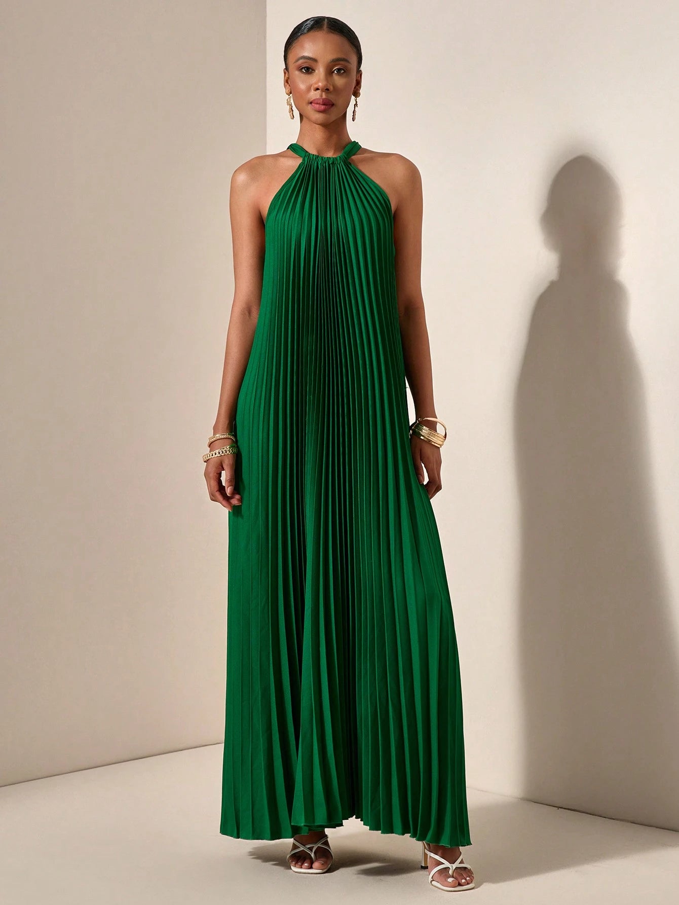 Zivah Beach Dinner Party Spring Summer Casual Mature Elegant Wedding Light Daily Dating Halterneck Sleeveless Pleated A-Hem Loose Dress Emerald Green Women